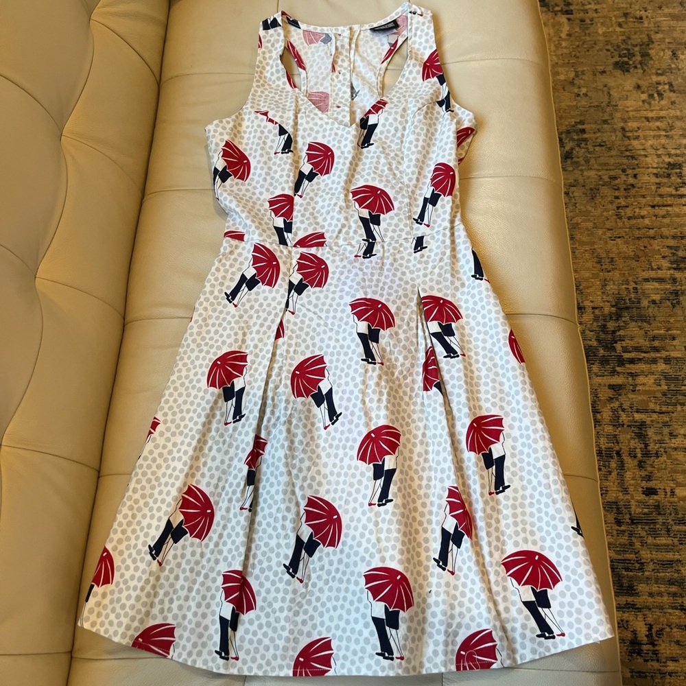 Retrolicious White Dress with Red Umbrella Print